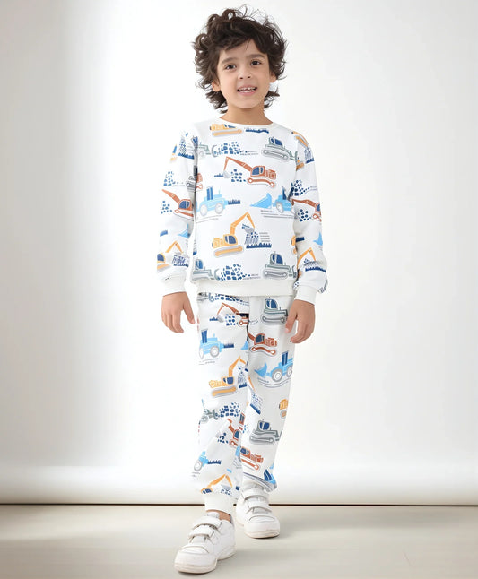 DIGGER PRINT FLEECE BOYS SWEATSHIRT JOGGER SET - OFF WHITE