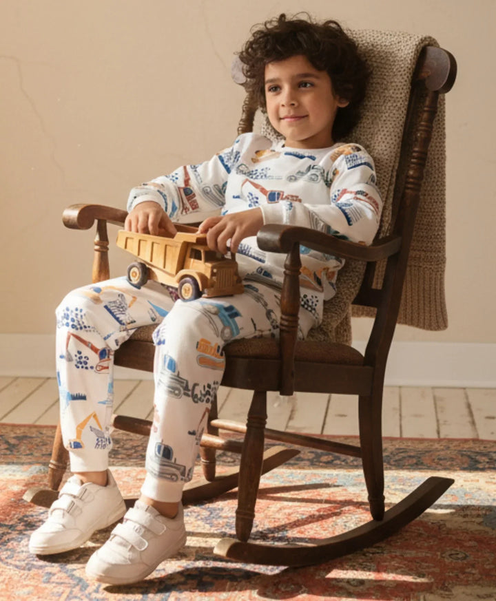 DIGGER PRINT FLEECE BOYS SWEATSHIRT JOGGER SET - OFF WHITE - Anthrilo 