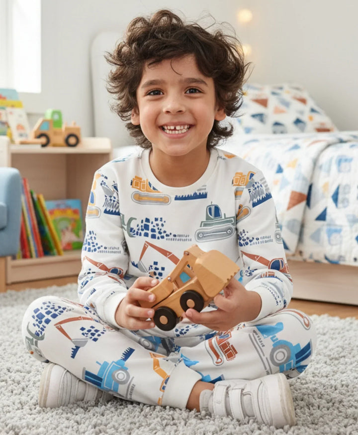 DIGGER PRINT FLEECE BOYS SWEATSHIRT JOGGER SET - OFF WHITE - Anthrilo 