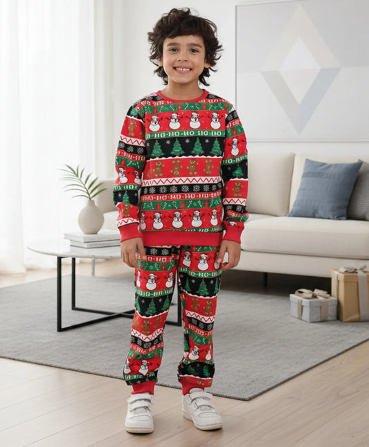 CHRISTMAS PRINT BOYS FLEECE SWEATSHIRT JOGGER SET - RED