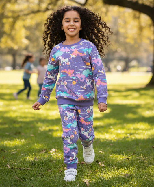 UNICORN PLANET GIRLS SWEATSHIRT FLEECE JOGGER SET - PURPLE