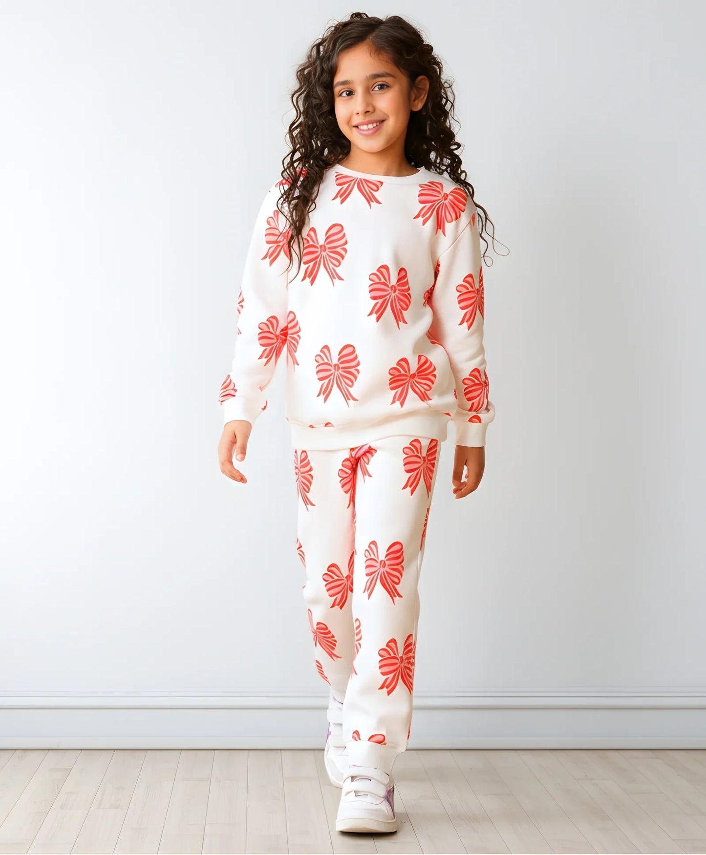 PINK BOW GIRLS SWEATSHIRT FLEECE JOGGER SET - WHITE