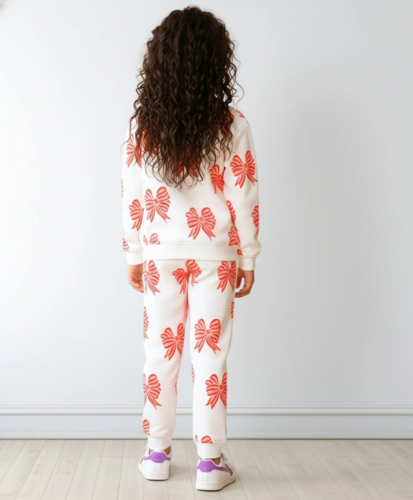 PINK BOW GIRLS SWEATSHIRT FLEECE JOGGER SET - WHITE