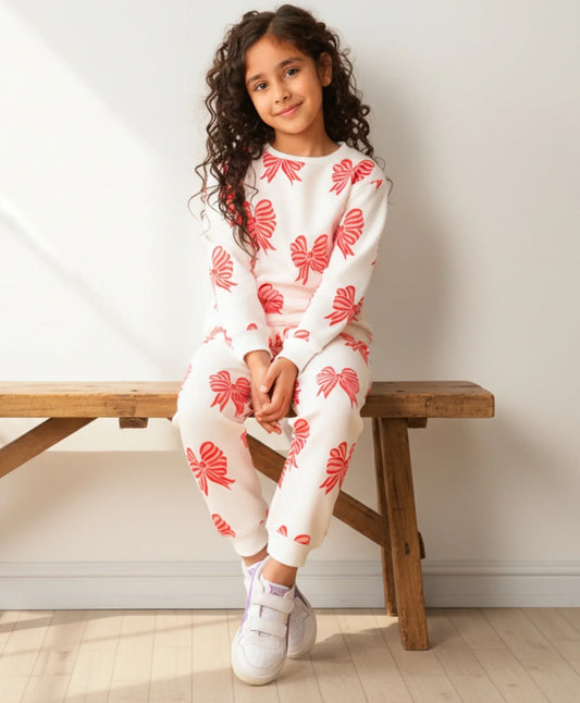 PINK BOW GIRLS SWEATSHIRT FLEECE JOGGER SET - WHITE