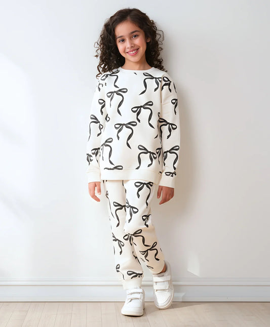BLACK BOW GIRLS SWEATSHIRT FLEECE JOGGER SET - WHITE