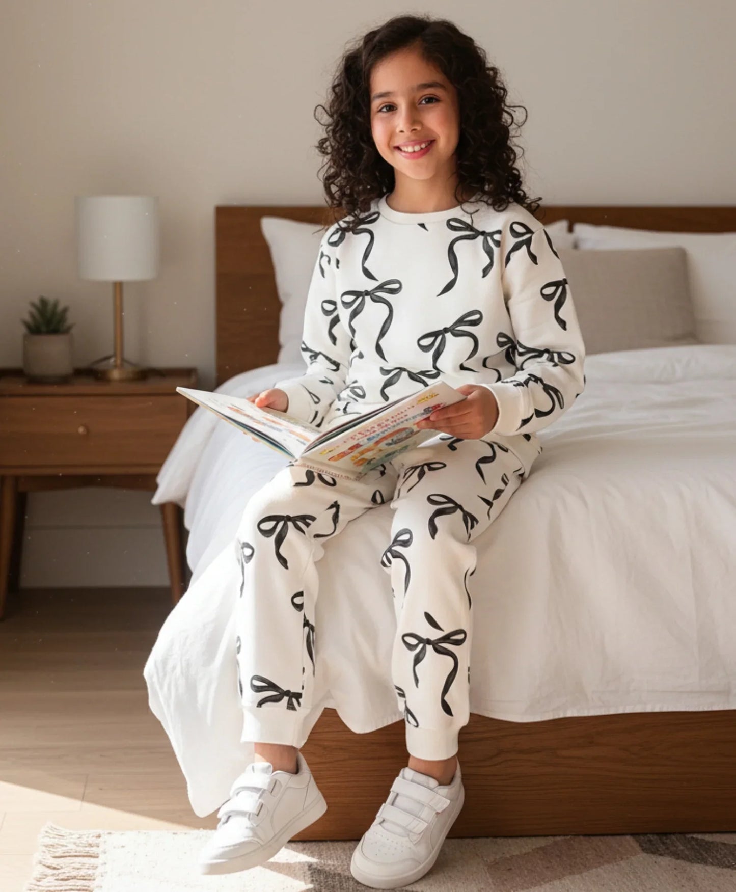 BLACK BOW GIRLS SWEATSHIRT FLEECE JOGGER SET - WHITE