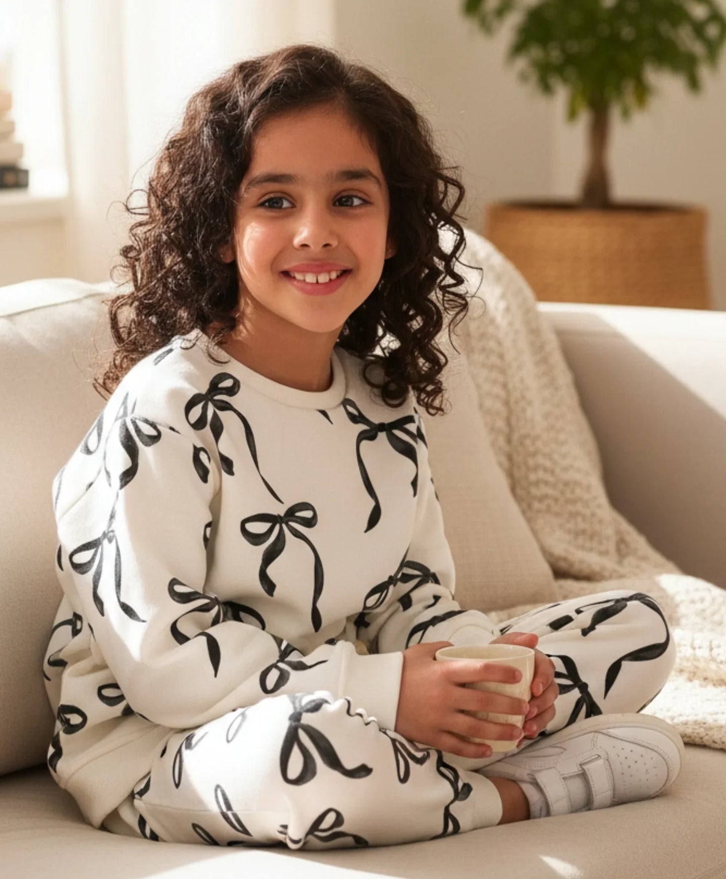 BLACK BOW GIRLS SWEATSHIRT FLEECE JOGGER SET - WHITE