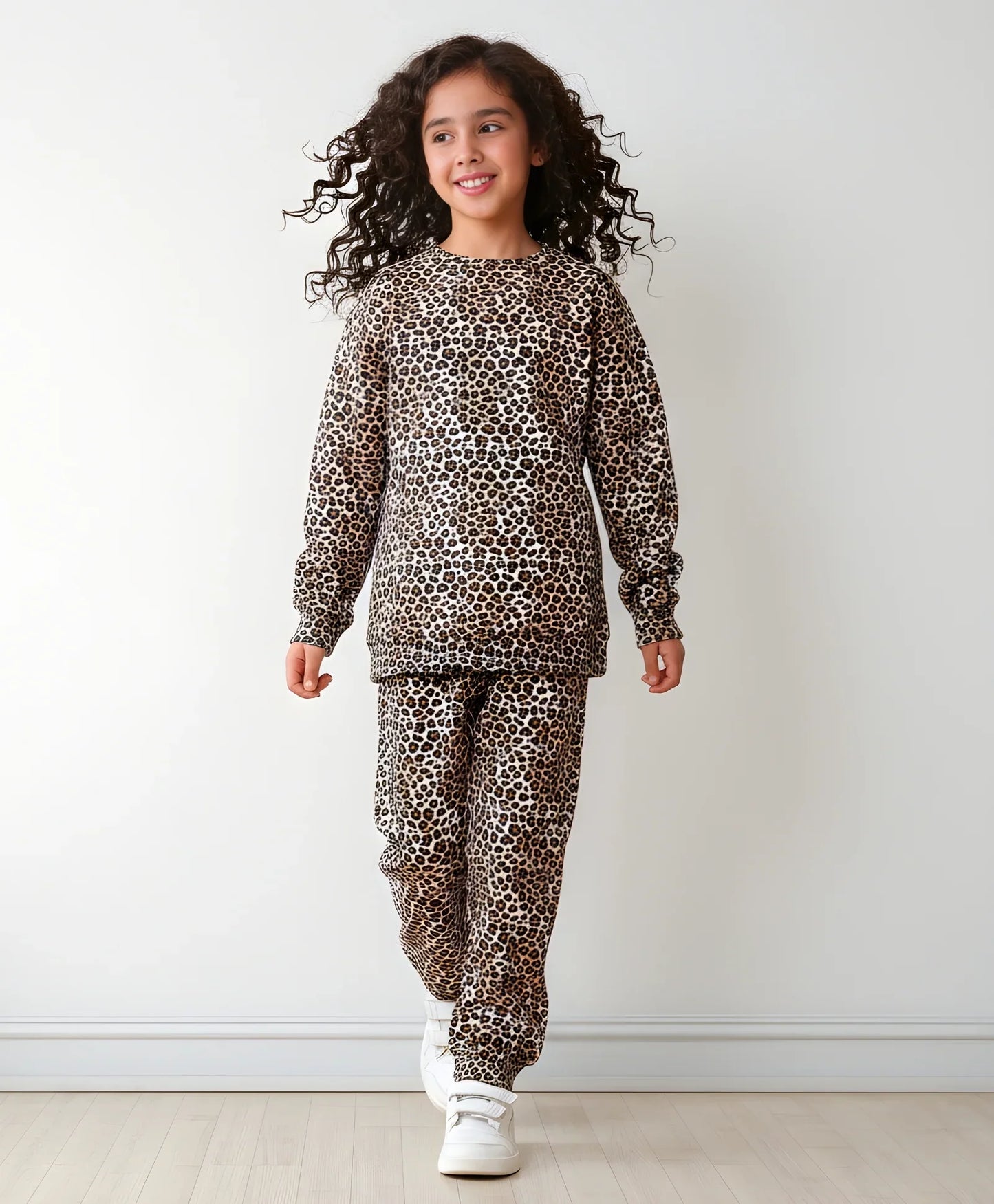 LEOPARD FLEECE GIRLS SWEATSHIRT JOGGER SET - BROWN