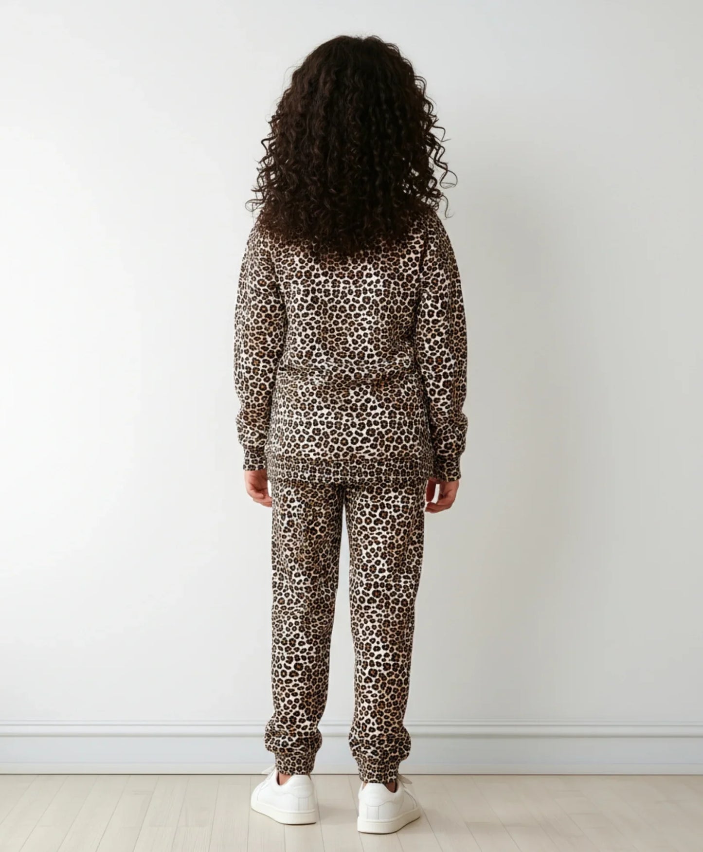 LEOPARD FLEECE GIRLS SWEATSHIRT JOGGER SET - BROWN