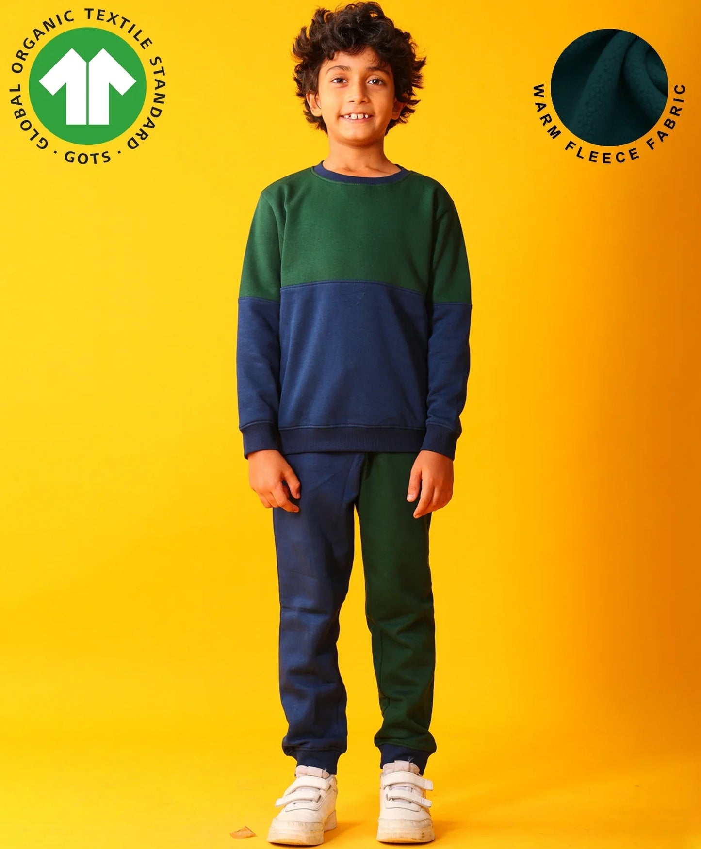 NAVY GREEN COLOR BLOCK BOYS FLEECE SWEATSHIRT JOGGER SET - NAVY/GREEN