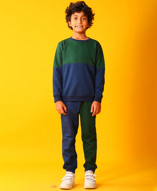 NAVY GREEN COLOR BLOCK BOYS FLEECE SWEATSHIRT JOGGER SET - NAVY/GREEN