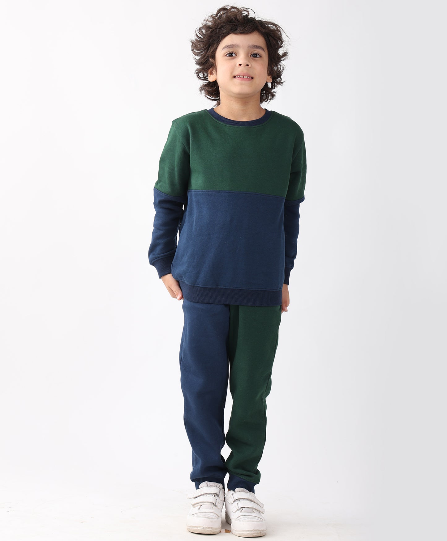 NAVY GREEN COLOR BLOCK BOYS FLEECE SWEATSHIRT JOGGER SET - NAVY/GREEN