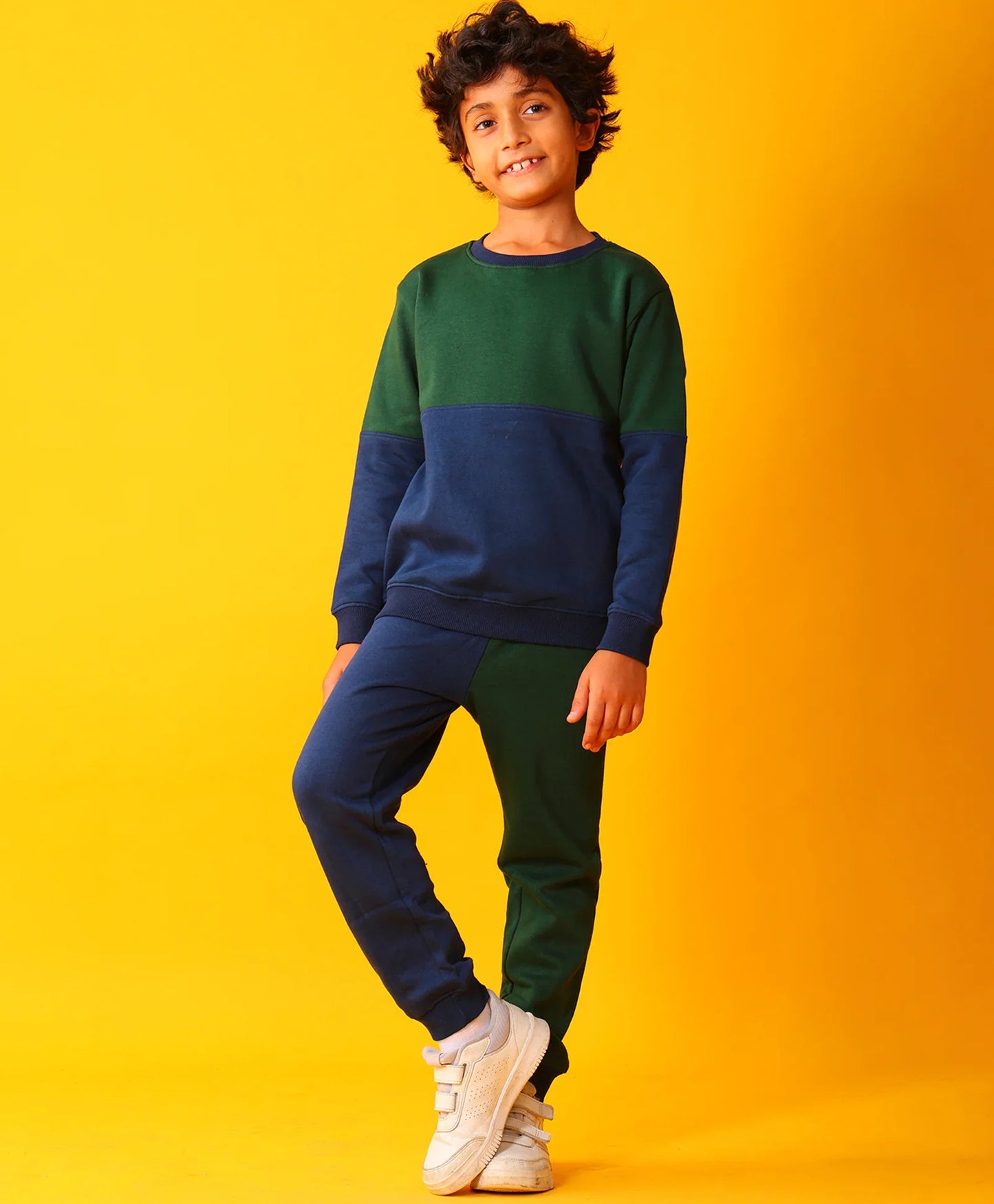 NAVY GREEN COLOR BLOCK BOYS FLEECE SWEATSHIRT JOGGER SET - NAVY/GREEN
