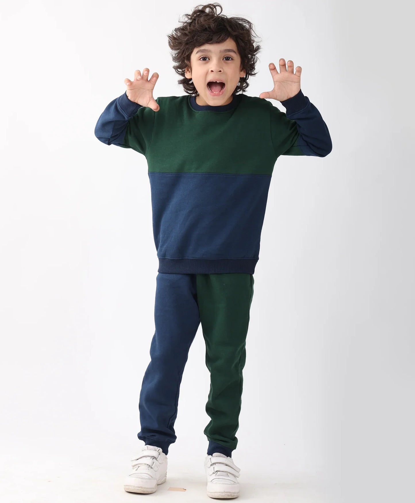 NAVY GREEN COLOR BLOCK BOYS FLEECE SWEATSHIRT JOGGER SET - NAVY/GREEN