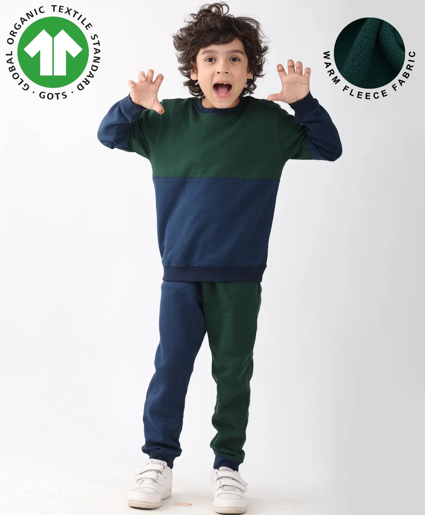 NAVY GREEN COLOR BLOCK BOYS FLEECE SWEATSHIRT JOGGER SET - NAVY/GREEN