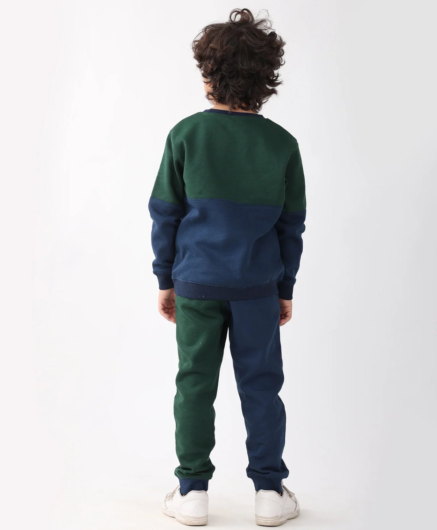 NAVY GREEN COLOR BLOCK BOYS FLEECE SWEATSHIRT JOGGER SET - NAVY/GREEN