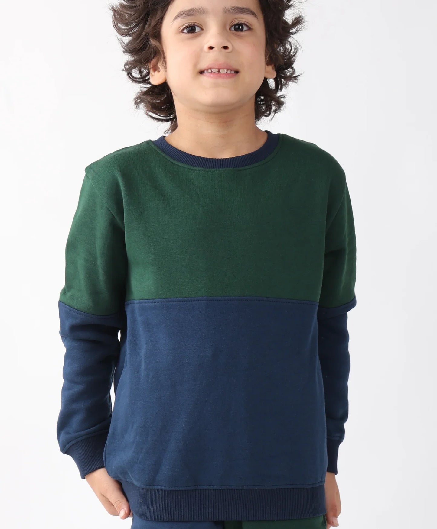 NAVY GREEN COLOR BLOCK BOYS FLEECE SWEATSHIRT JOGGER SET - NAVY/GREEN
