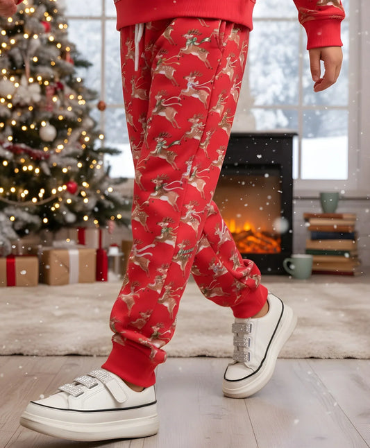 REINDEER PRINT FLEECE GIRLS JOGGER - RED