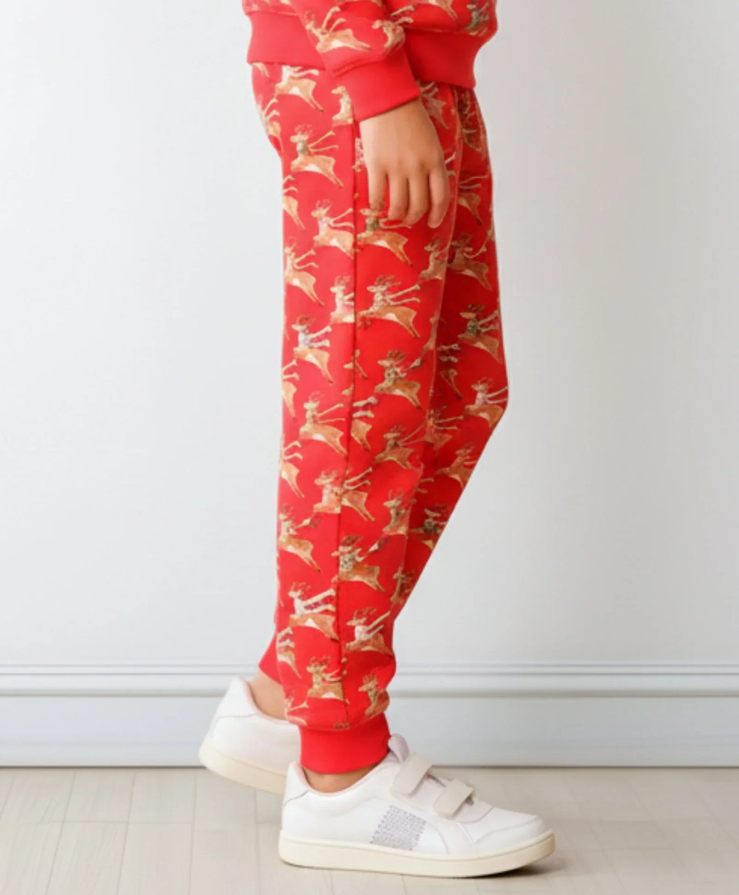 REINDEER PRINT FLEECE GIRLS JOGGER - RED