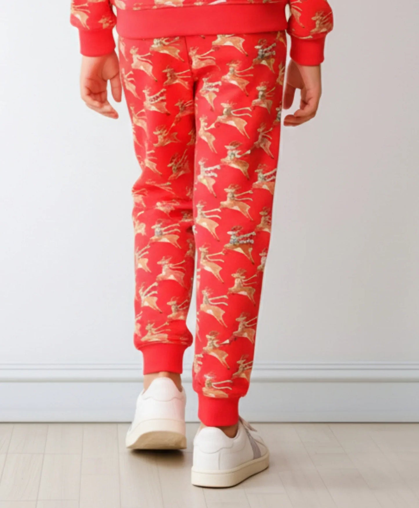 REINDEER PRINT FLEECE GIRLS JOGGER - RED