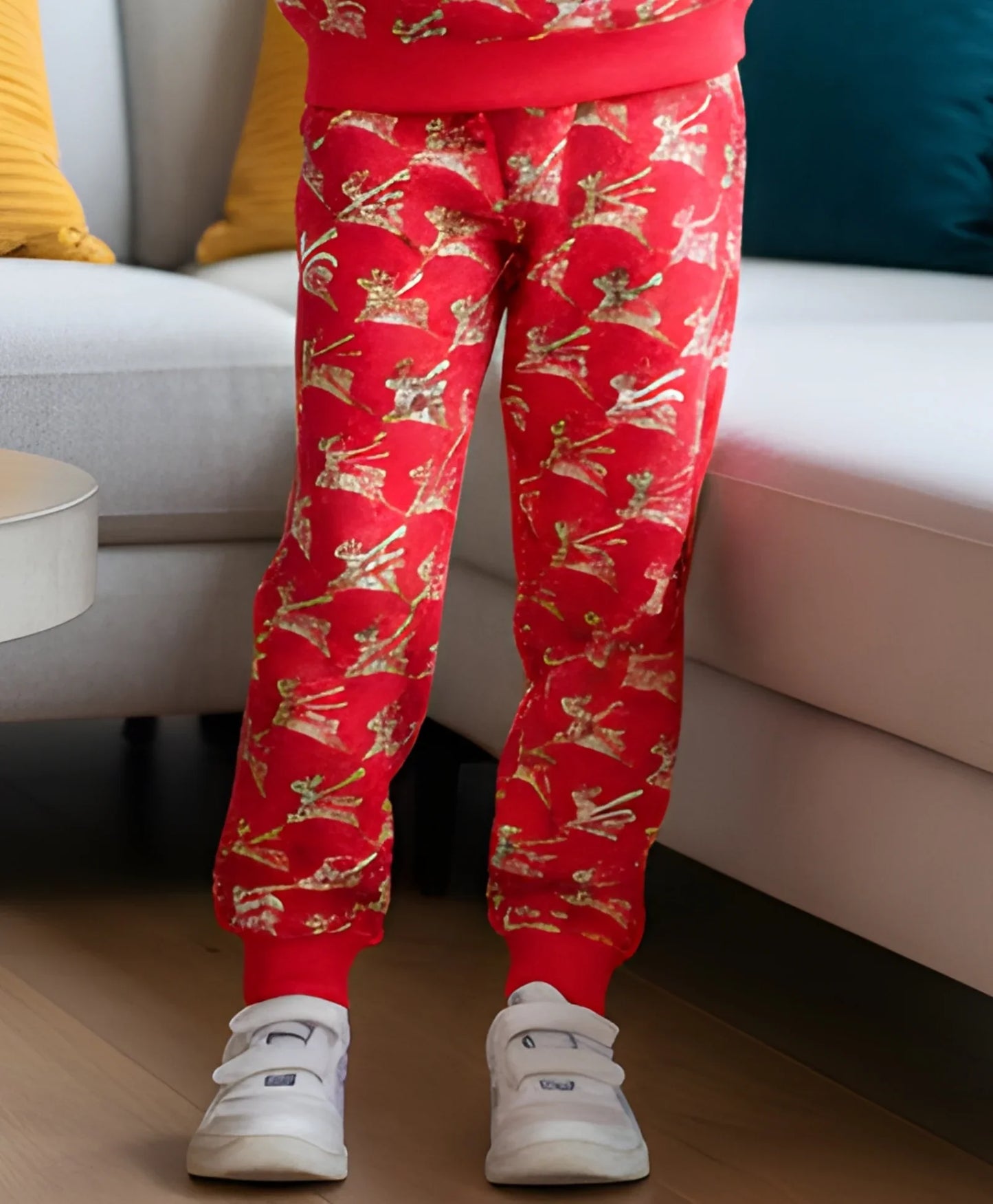 REINDEER PRINT FLEECE GIRLS JOGGER - RED