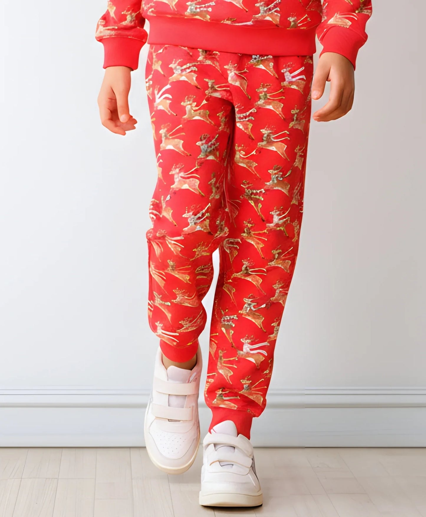 REINDEER PRINT FLEECE GIRLS JOGGER - RED