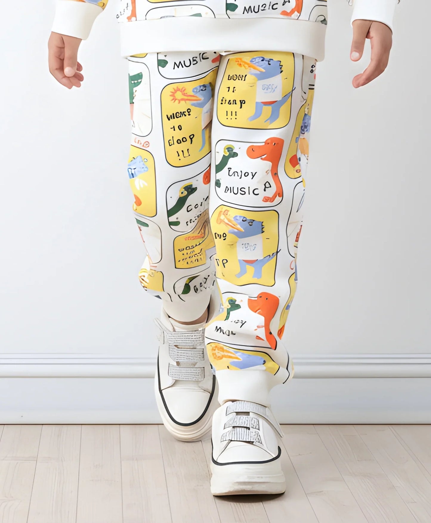 DINOSAUR STAMP FLEECE GIRLS JOGGER  - OFF WHITE