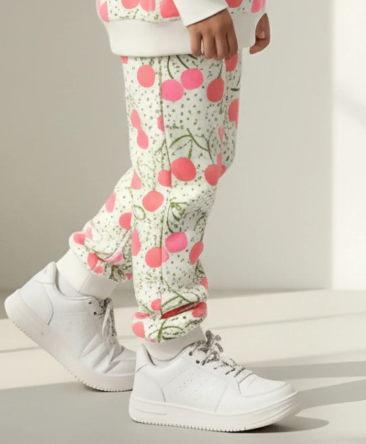 DOTTED CHERRY FLEECE GIRLS JOGGER - OFF WHITE - Anthrilo 