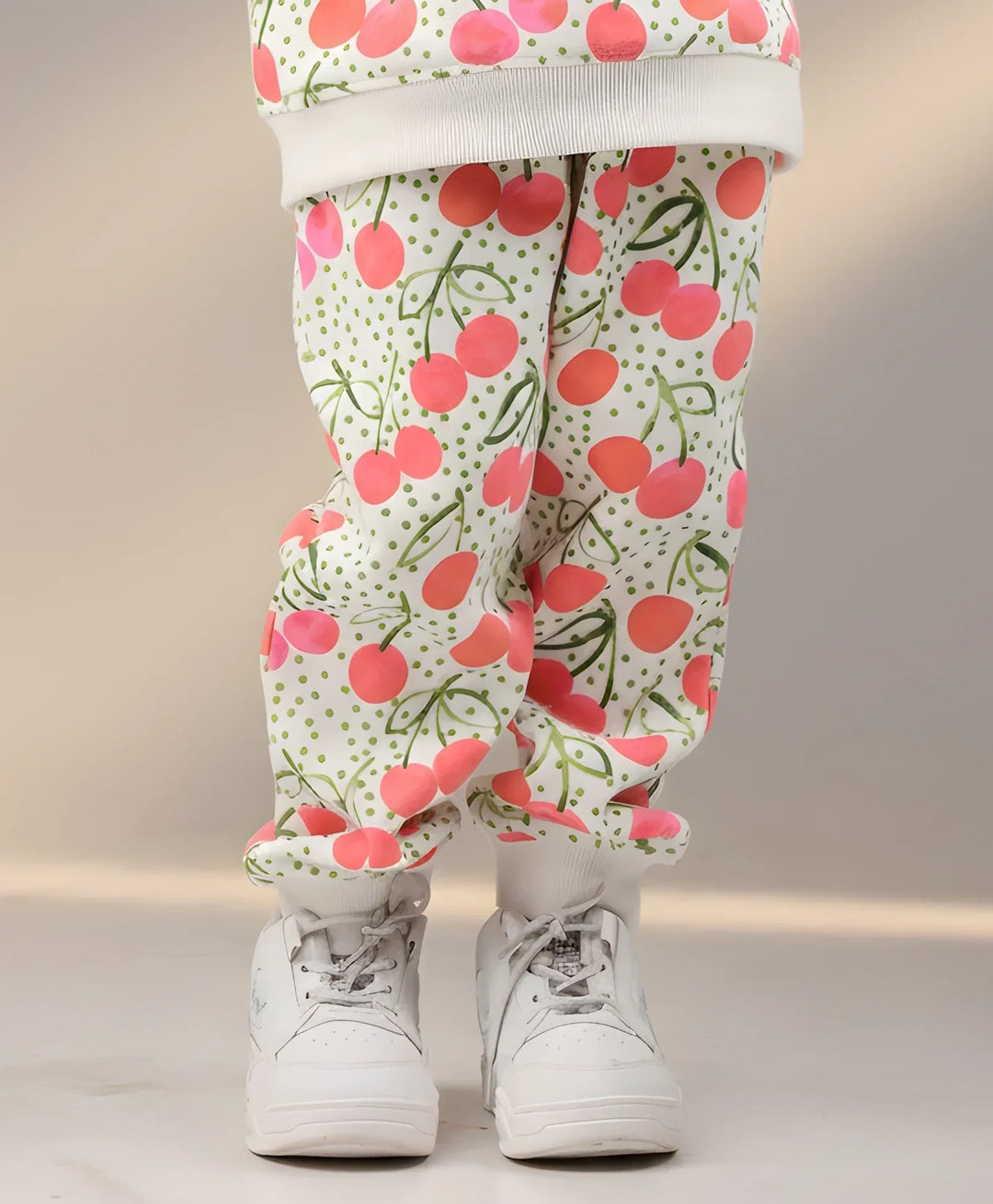 DOTTED CHERRY FLEECE GIRLS JOGGER - OFF WHITE - Anthrilo 