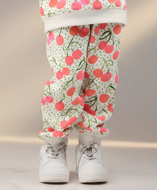 DOTTED CHERRY FLEECE GIRLS JOGGER - OFF WHITE
