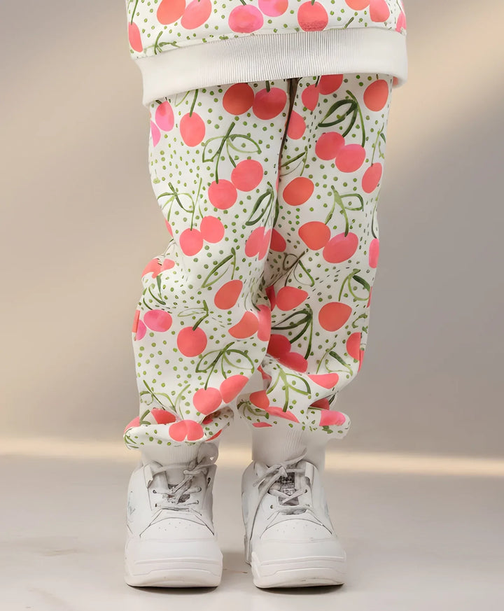 DOTTED CHERRY FLEECE GIRLS JOGGER - OFF WHITE - Anthrilo 