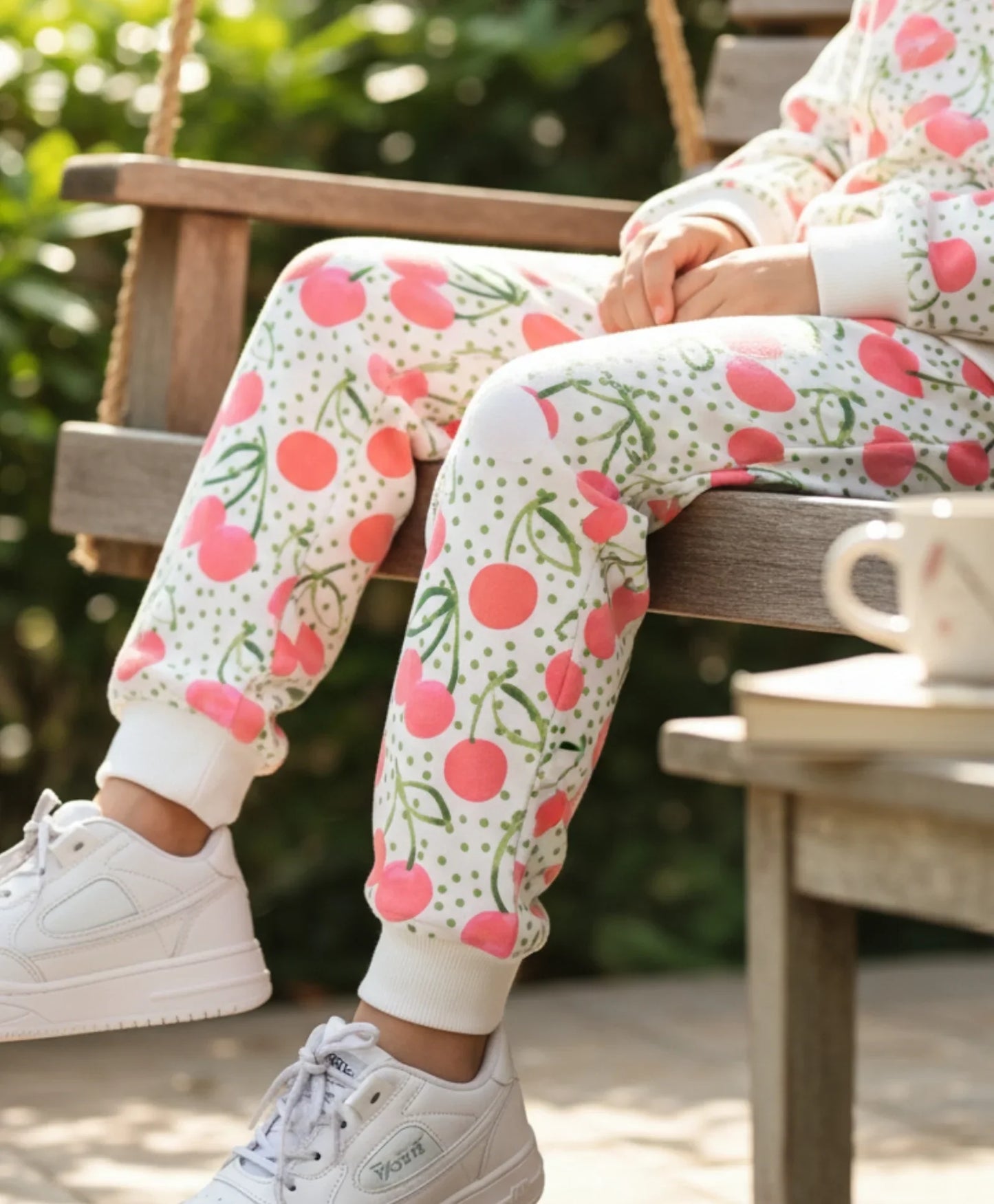 DOTTED CHERRY FLEECE GIRLS JOGGER - OFF WHITE