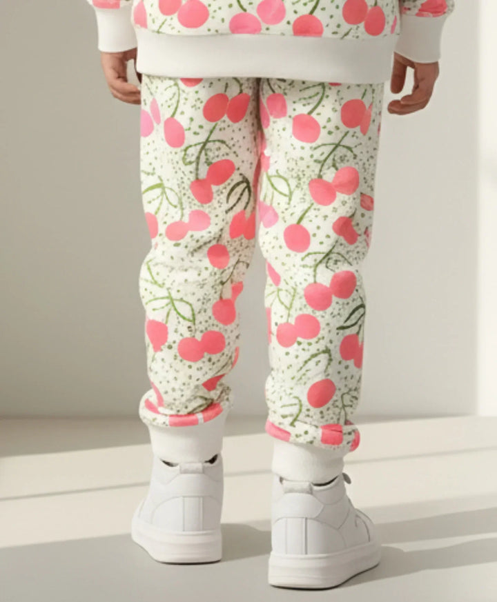 DOTTED CHERRY FLEECE GIRLS JOGGER - OFF WHITE - Anthrilo 