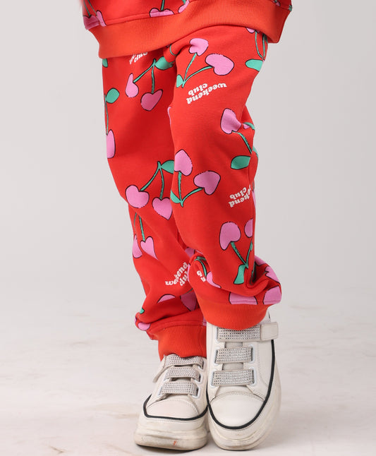 CHERRY RED FLEECE GIRLS JOGGER - RED