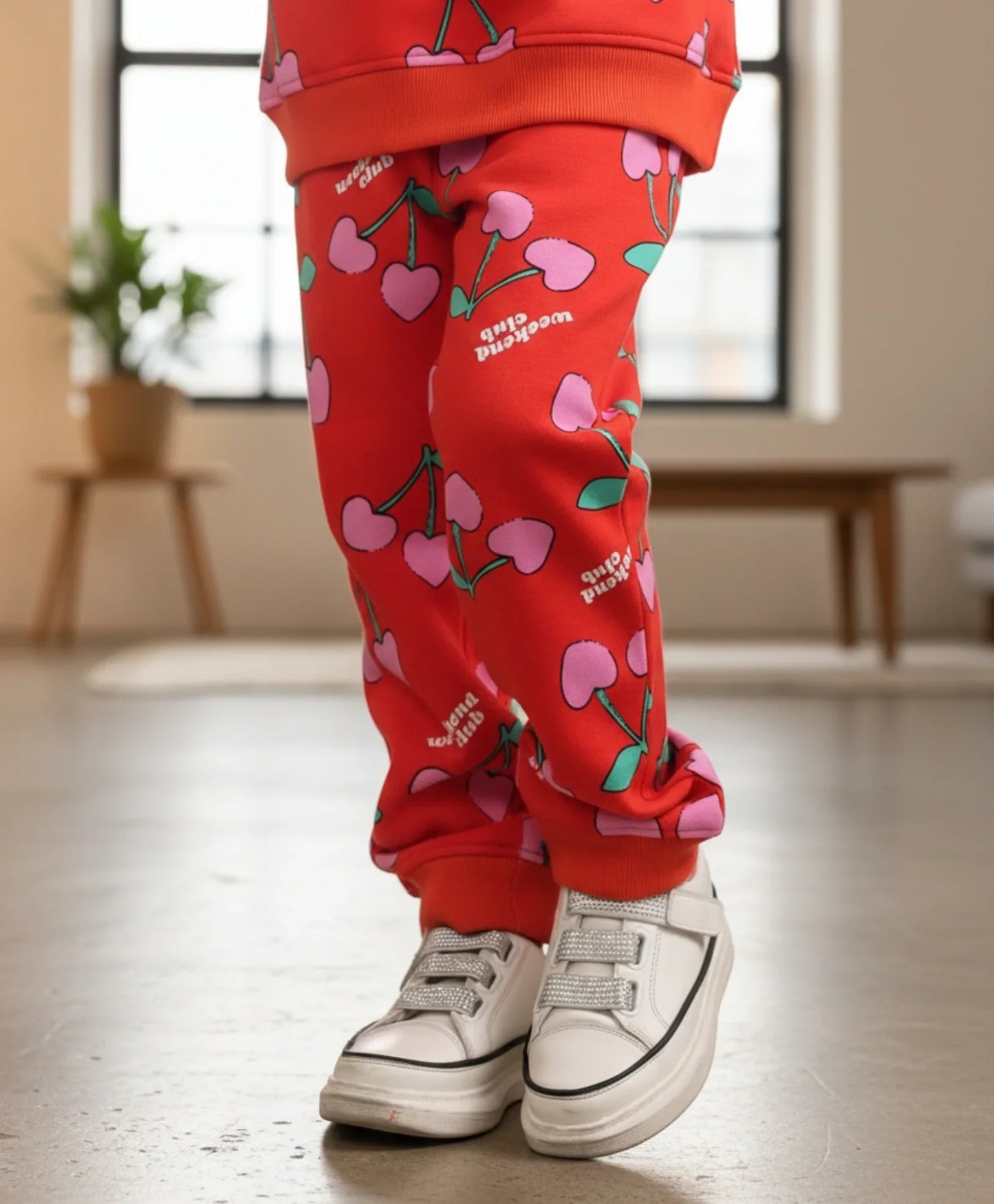 CHERRY RED FLEECE GIRLS JOGGER - RED