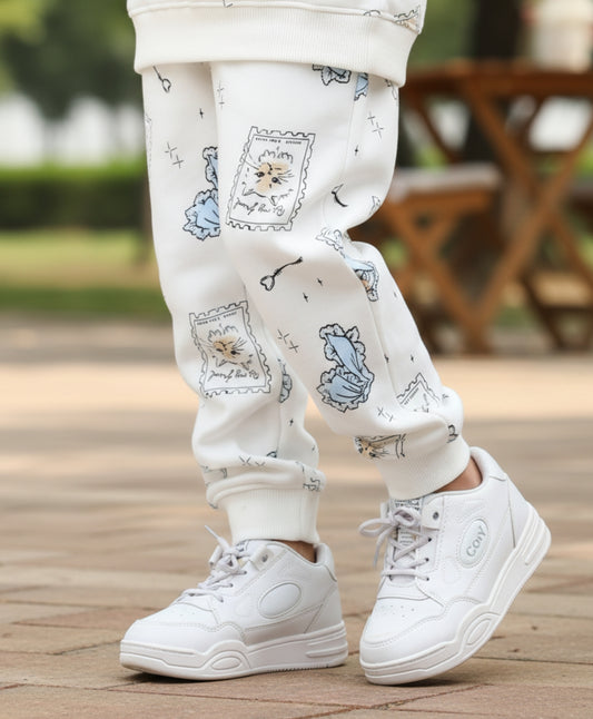 BOW KEY CAT GIRLS FLEECE JOGGER - WHITE