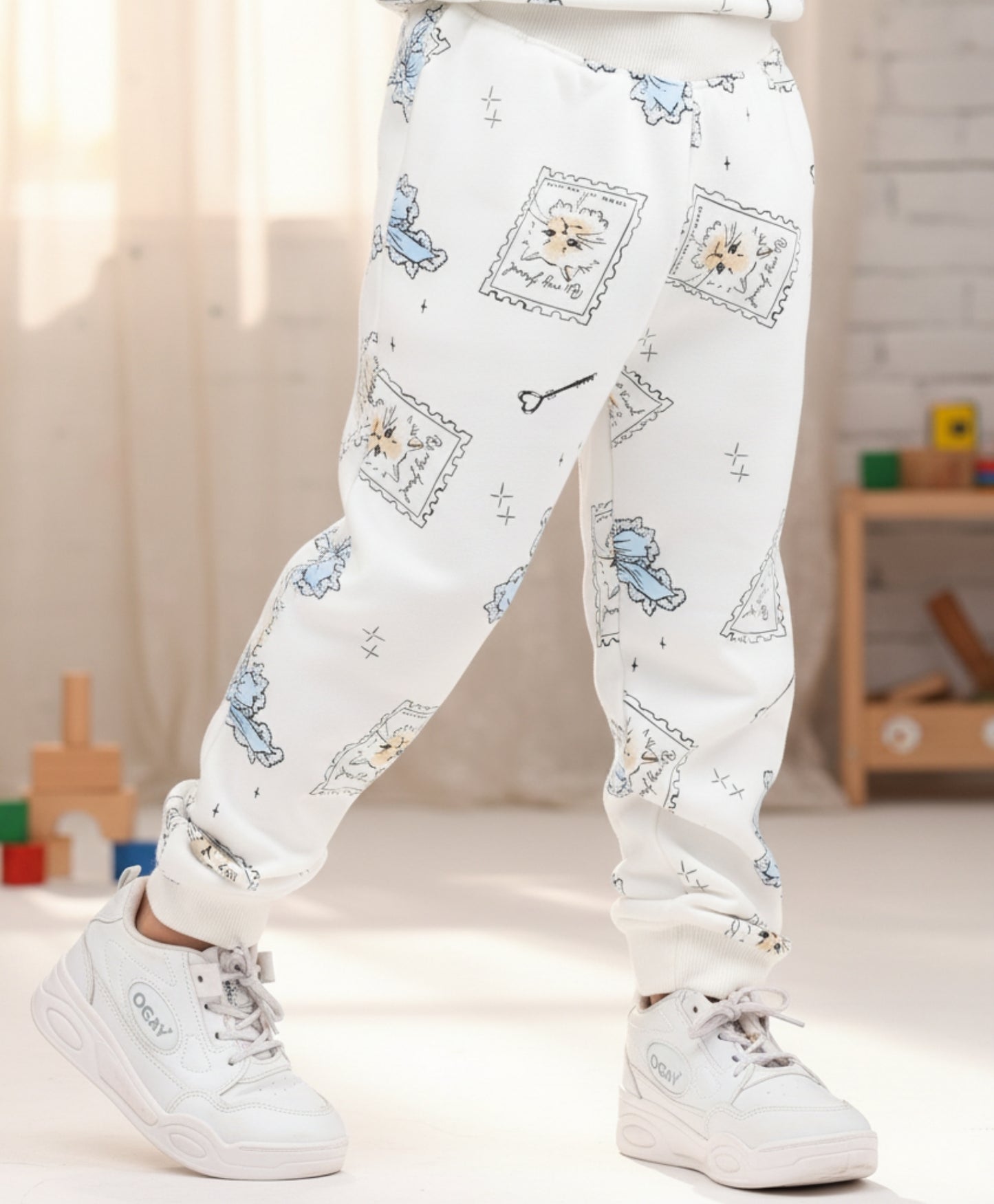 BOW KEY CAT GIRLS FLEECE JOGGER - WHITE
