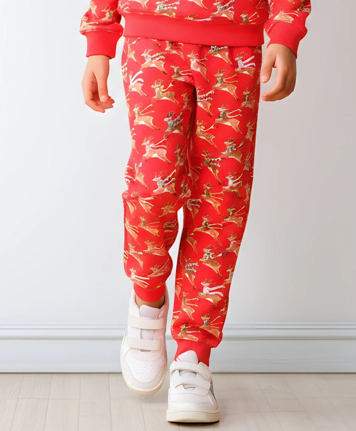 REINDEER PRINT FLEECE BOYS JOGGER - RED