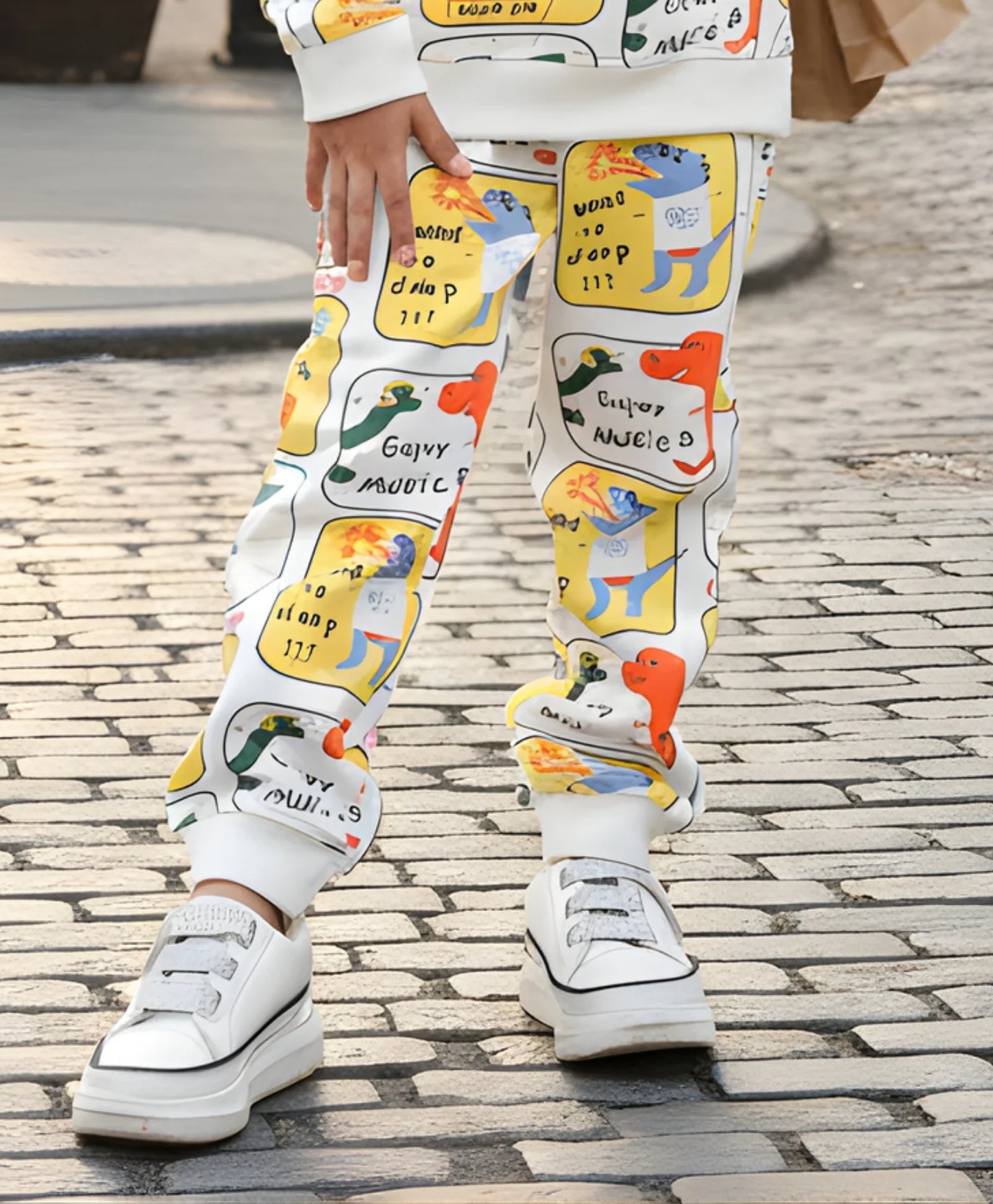 DINOSAUR STAMP FLEECE BOYS JOGGER  - OFF WHITE