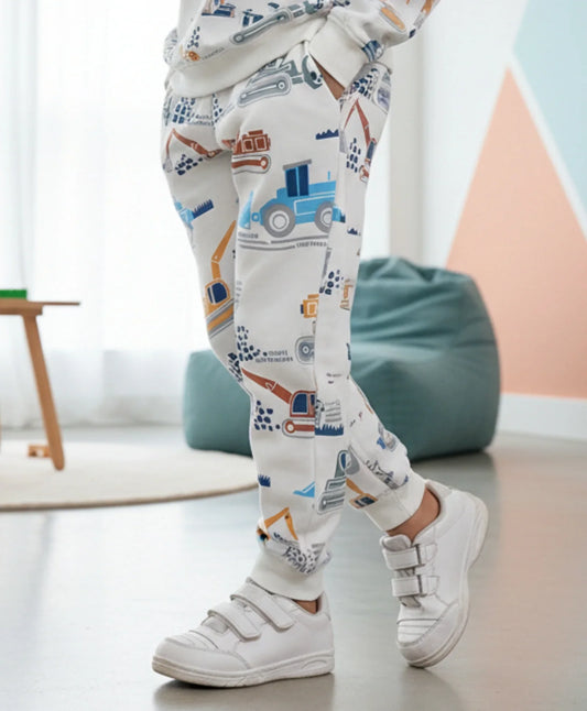 DIGGER PRINT FLEECE BOYS JOGGER - OFF WHITE