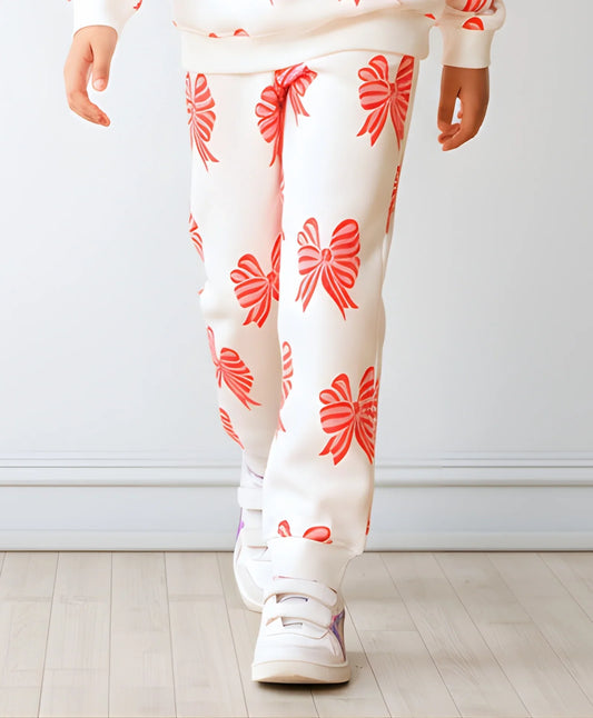 PINK BOW FLEECE GIRLS JOGGER - OFF WHITE