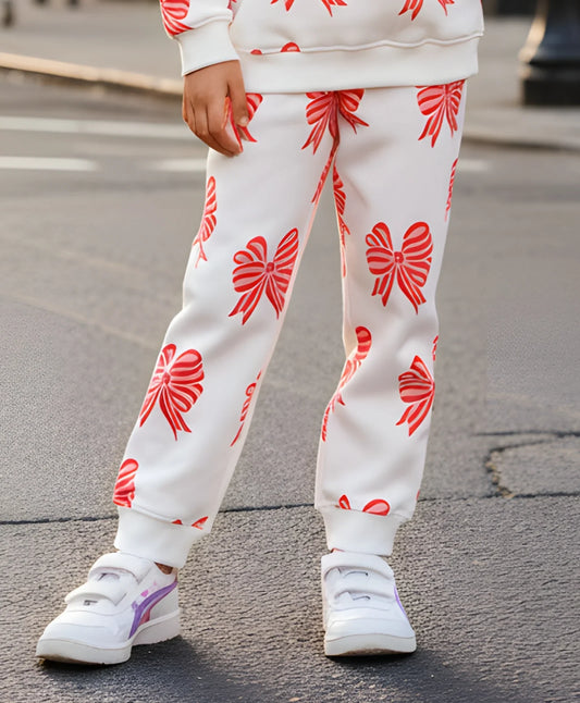 PINK BOW FLEECE GIRLS JOGGER - OFF WHITE