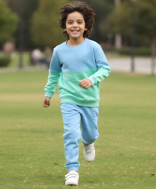 BLUE GREEN COLOR BLOCK FLEECE SWEATSHIRT BLUE JOGGER SET - SEA GREEN/BLUE