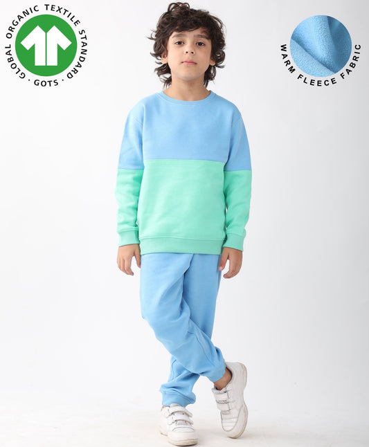 BLUE GREEN COLOR BLOCK FLEECE SWEATSHIRT BLUE JOGGER SET - SEA GREEN/BLUE