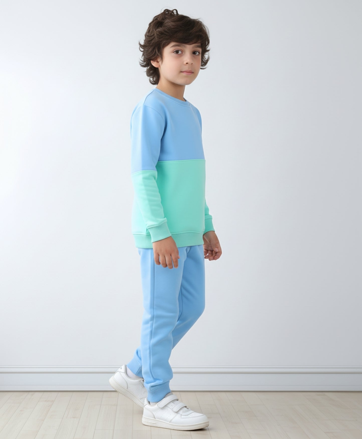 BLUE GREEN COLOR BLOCK FLEECE SWEATSHIRT BLUE JOGGER SET - SEA GREEN/BLUE