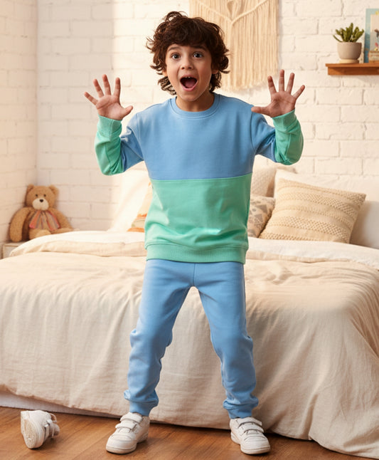 BLUE GREEN COLOR BLOCK FLEECE SWEATSHIRT BLUE JOGGER SET - SEA GREEN/BLUE