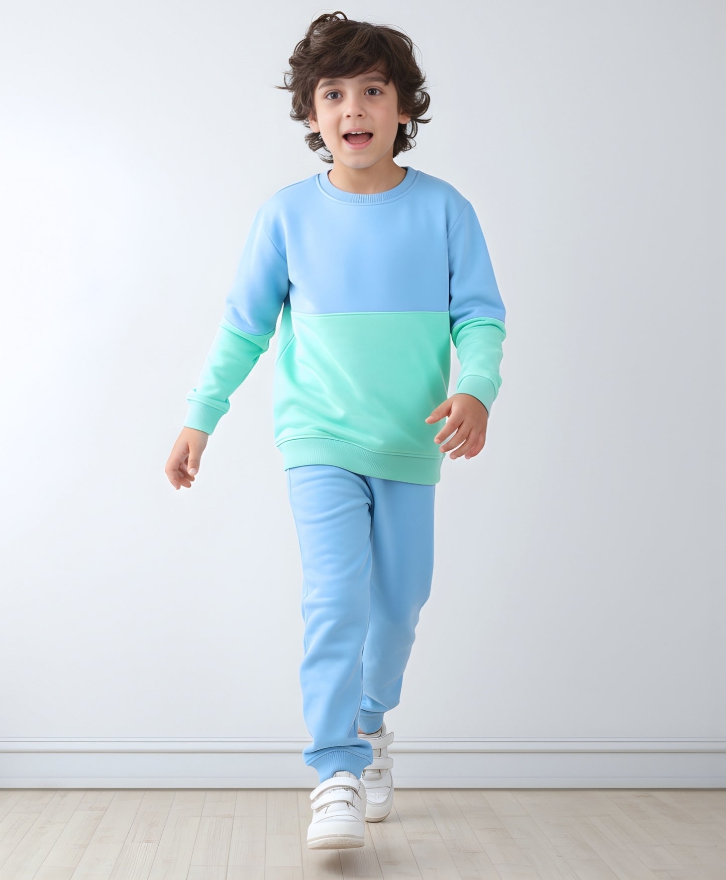 BLUE GREEN COLOR BLOCK FLEECE SWEATSHIRT BLUE JOGGER SET - SEA GREEN/BLUE