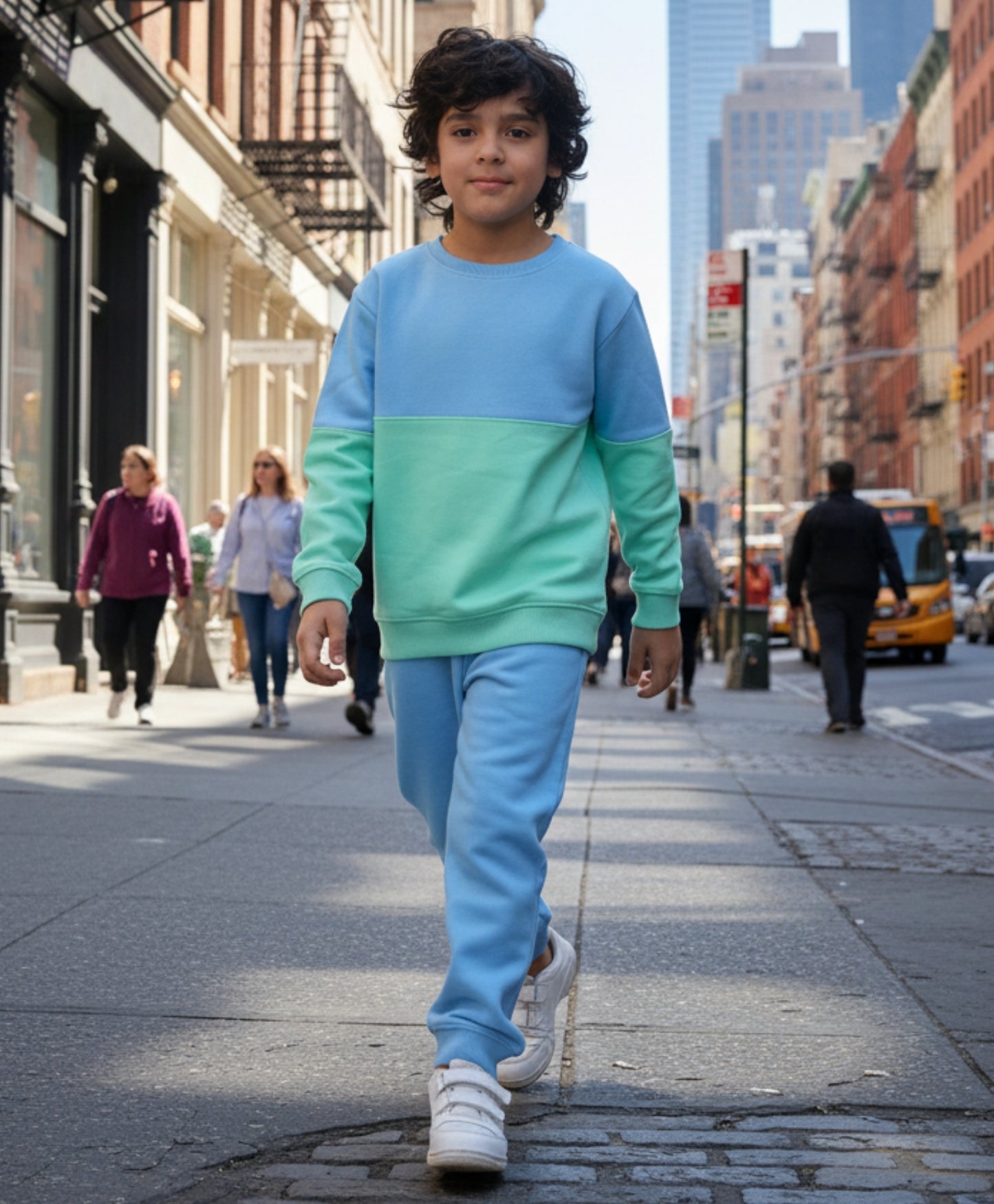 BLUE GREEN COLOR BLOCK FLEECE SWEATSHIRT BLUE JOGGER SET - SEA GREEN/BLUE