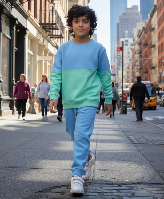 BLUE GREEN COLOR BLOCK FLEECE SWEATSHIRT BLUE JOGGER SET - SEA GREEN/BLUE