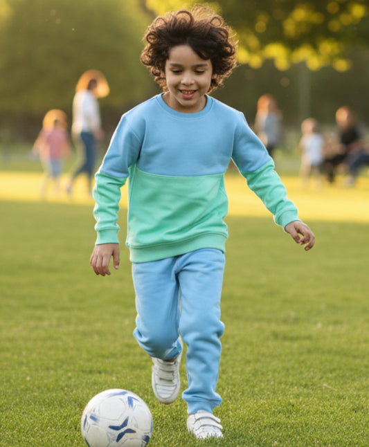 BLUE GREEN COLOR BLOCK FLEECE SWEATSHIRT BLUE JOGGER SET - SEA GREEN/BLUE